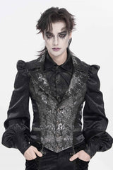 Black Lapel Collar Off Shoulder Halterneck Sleeveless Jacquard Lace Slim Color-Blocked Men's Gothic Palace Vest - Product - 8