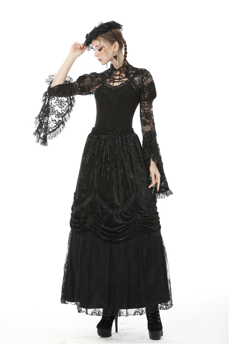 Black Long Puff Sleeves Sheer Floral Lace Lace-Up Women's Gothic Cape - Product - 7