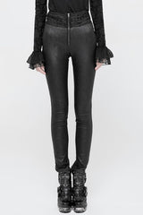 Black High Waist Flower Weaves The Ribbon Decoration Lace Up Gothic Jacquard Women's Pants - Black - 1