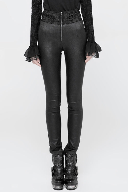 Black High Waist Flower Weaves The Ribbon Decoration Lace Up Gothic Jacquard Women's Pants - Black - 1