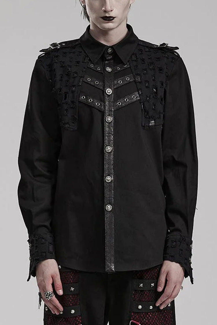 Black Hollow Hole Stitching Mens Steampunk Blouse - Black - 1