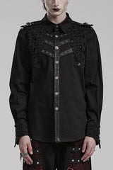 Black Hollow Hole Stitching Mens Steampunk Blouse - Black - 1