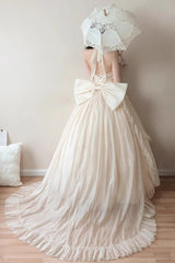 Apricot Halterneck Sleeveless Ruffle Bowknot Lace Sweet Princess Lolita Jsk Long Dress Set - Product - 3
