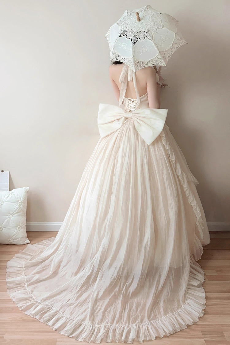 Apricot Halterneck Sleeveless Ruffle Bowknot Lace Sweet Princess Lolita Jsk Long Dress Set - Product - 3