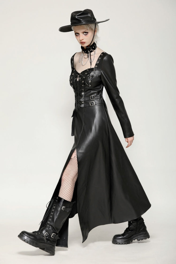 Black Women's Punk Long Sleeves Cut-Out Side Slit Irregular Hem Dress - Product - 9