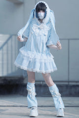 Blue Rabbit Ears Hooded Bowknot Lace Sweet Lolita Coat Set - Product - 3