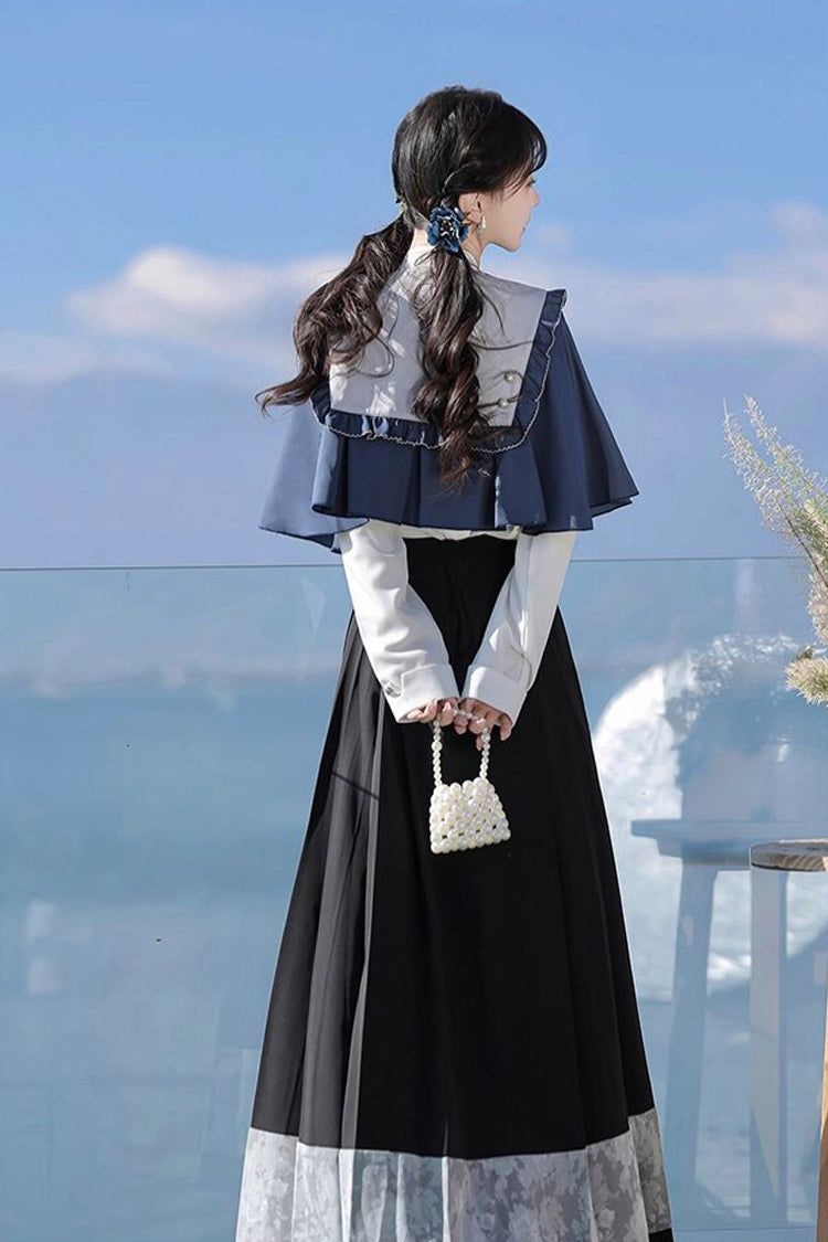 Black/Blue Round Collar Long Sleeves Print Slim Women's Classic Hanfu Dress Three-piece Set - Product - 5