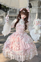 Pink [Sweetheart] Sleeveless Multi-Layered Embroidered Bow Lace Lace-Up Sweet Lolita Jsk Dress - Product - 8