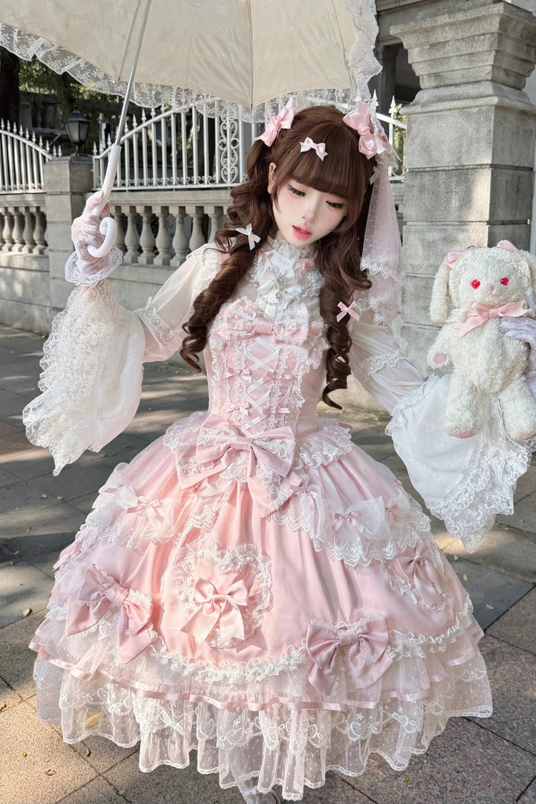 Pink [Sweetheart] Sleeveless Multi-Layered Embroidered Bow Lace Lace-Up Sweet Lolita Jsk Dress - Product - 8