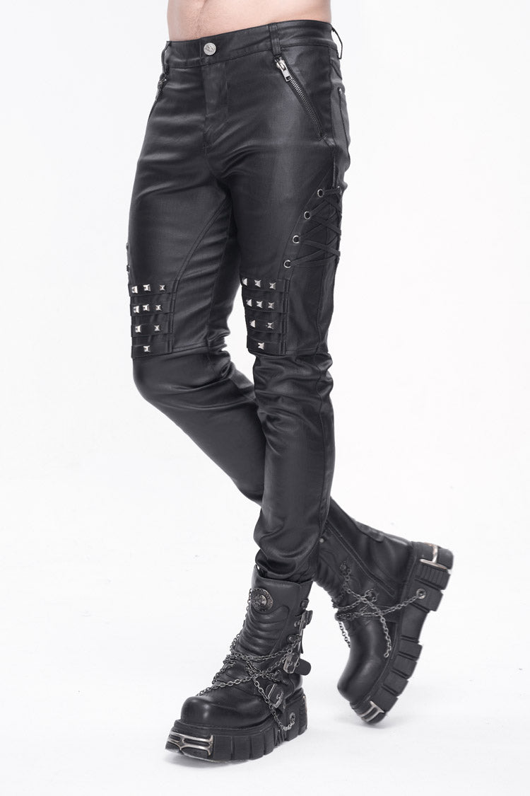 Black Studded Lace Up Leather Men's Punk Pants - Product - 3