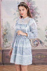 Blue Chiffon Stand Collar French Lace Floral Embroidered Trumpet Long Sleeves Ruffled Sweet Lolita OP Dress - Product - 4