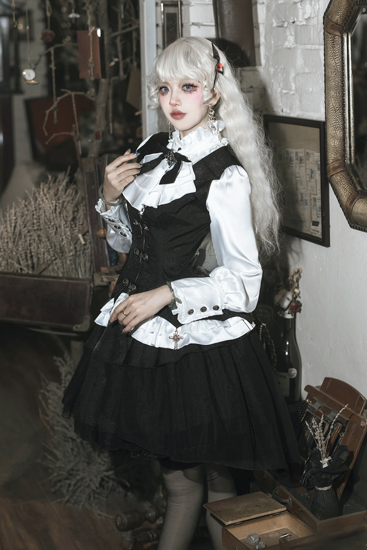 Black/White [The Duke of Blood] Multi-Layered Ruffle Bowknot Gothic Lolita Vest Skirt Set - Product - 4