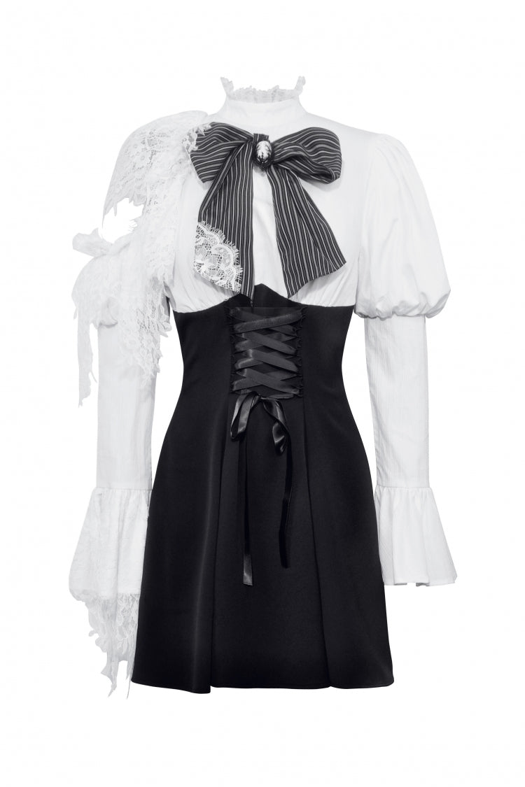 Black/White Lace High Collar Asymmetric Long Trumpet Puff Sleeves Bowknot Women's Lolita Gothic Short Dress - Product - 3