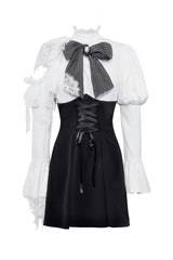 Black/White Lace High Collar Asymmetric Long Trumpet Puff Sleeves Bowknot Women's Lolita Gothic Short Dress - Product - 3