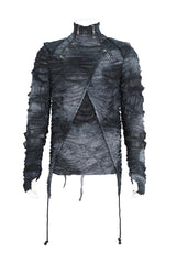 Black High Collar Long Sleeves Print Ripped Men's Punk Hoodies T-Shirt - Product - 7