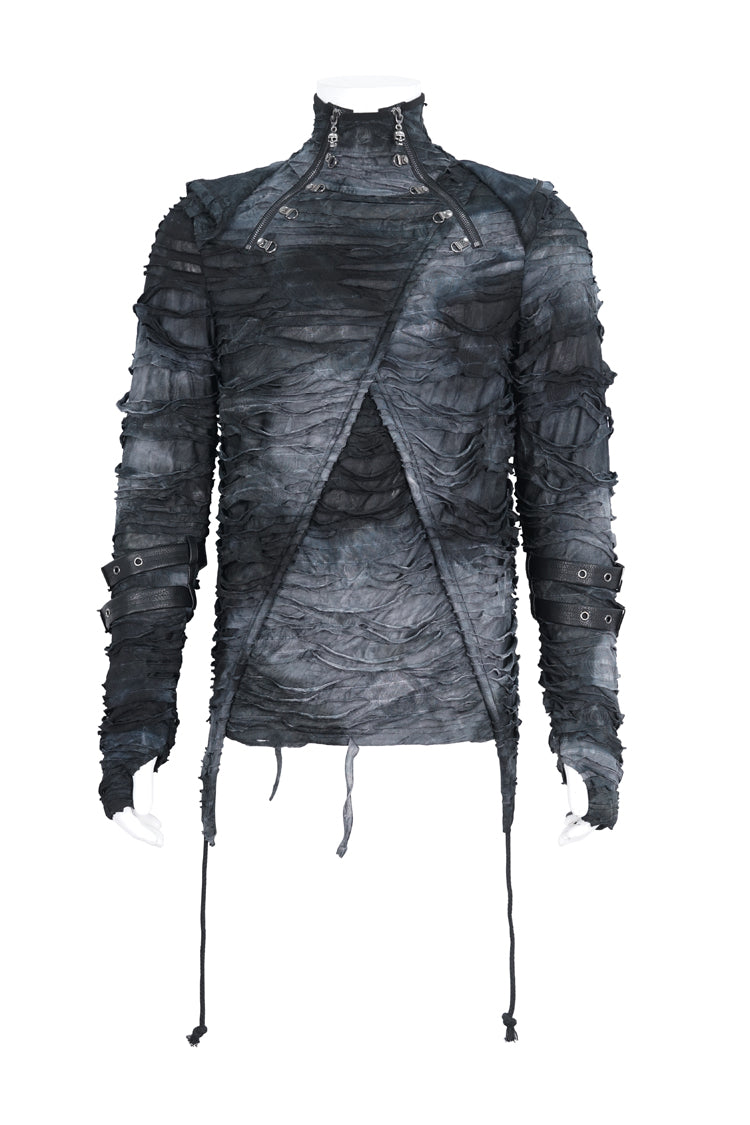 Black High Collar Long Sleeves Print Ripped Men's Punk Hoodies T-Shirt - Product - 7