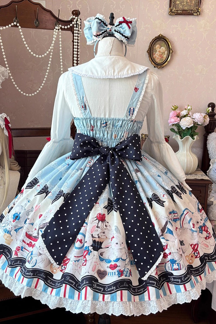 Blue [Mystery Rabbit Tea Party] Sleeveless Print Ruffle Bowknot Lace Sweet Lolita Jsk Dress - Product - 13