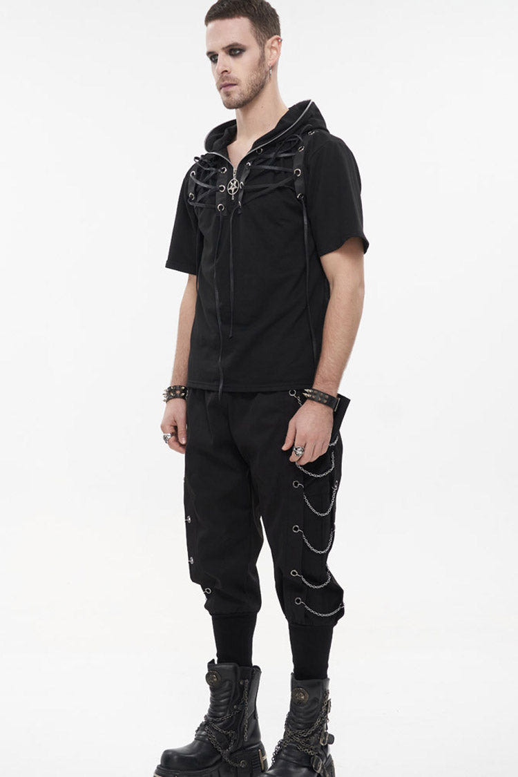 Black Punk Short Sleeve Metal Zipper Lace-Up Knit Loose Casual Hooded Men's T-Shirt - Product - 6