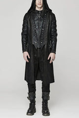 Black Crackled Mesh Hollow Stitching Hooded Mens Steampunk Coat - Black - 1