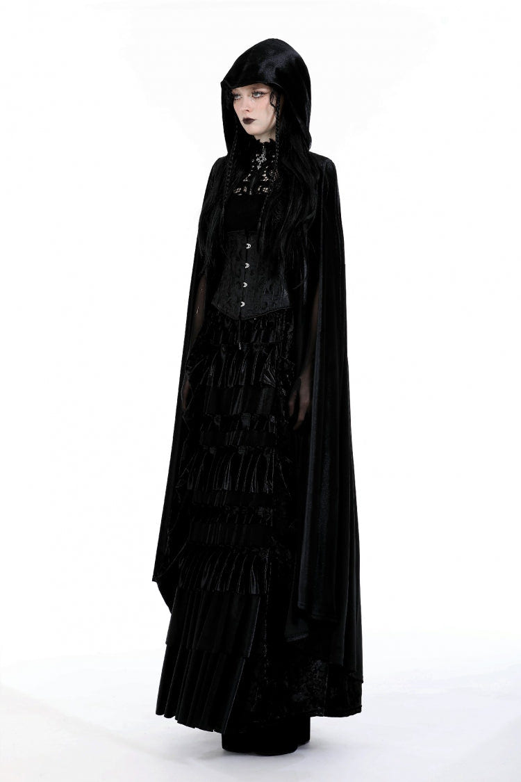 Black Cross Zippered Floral Embroidered Women's Gothic Cloak with Hood - Product - 2