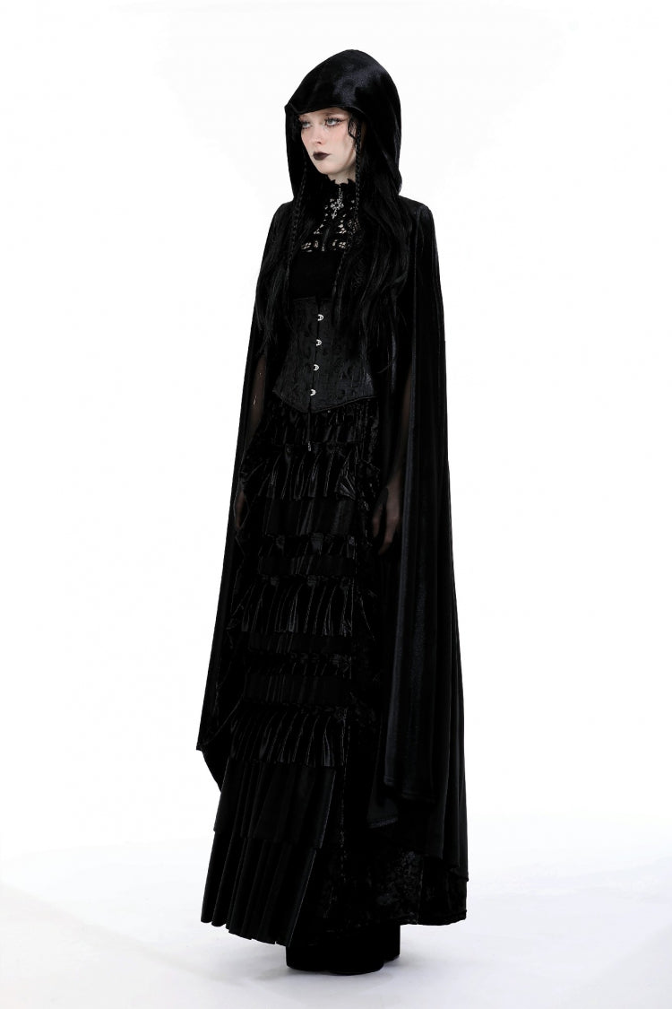 Black Cross Zippered Floral Embroidered Women's Gothic Cloak with Hood - Product - 2