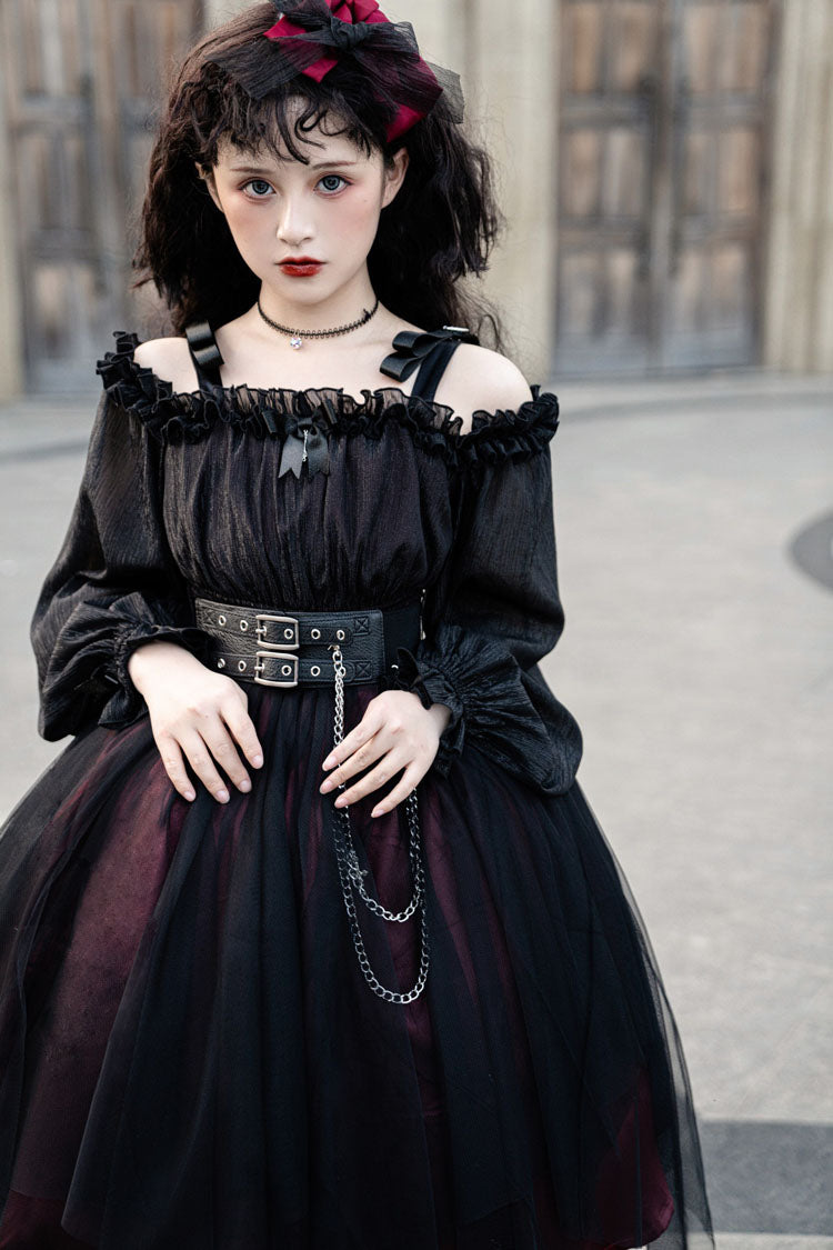 Black Boat Neck Metal Chain Organza Stitching Gothic Lolita OP Dress (Short Version) - Product - 5