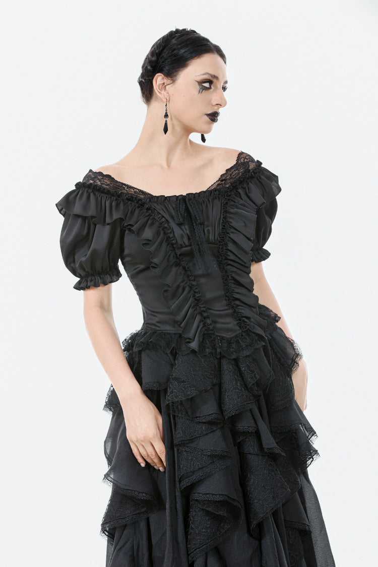 Black Square Collar Short Sleeves Ruffled Lace Lace-Up Women's Gothic Rococo Corset Top - Black - 1