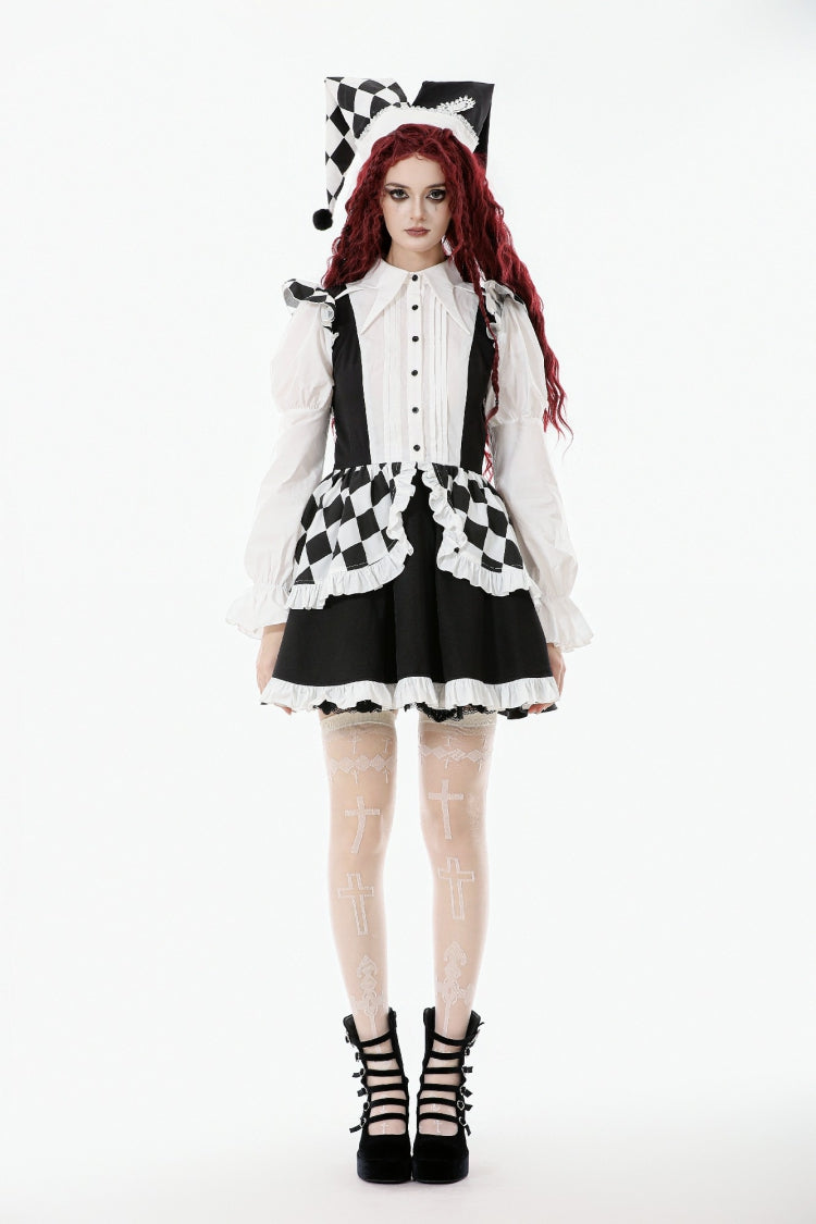 Black/White Harlequin Sharp Point Collar Long Puff Sleeves Women's Lolita Gothic Dress - Product - 8