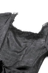Black Lace Square Collar Short Puff Sleeves Lace-Up Ruched Women's Gothic Wedding Dress - Product - 14