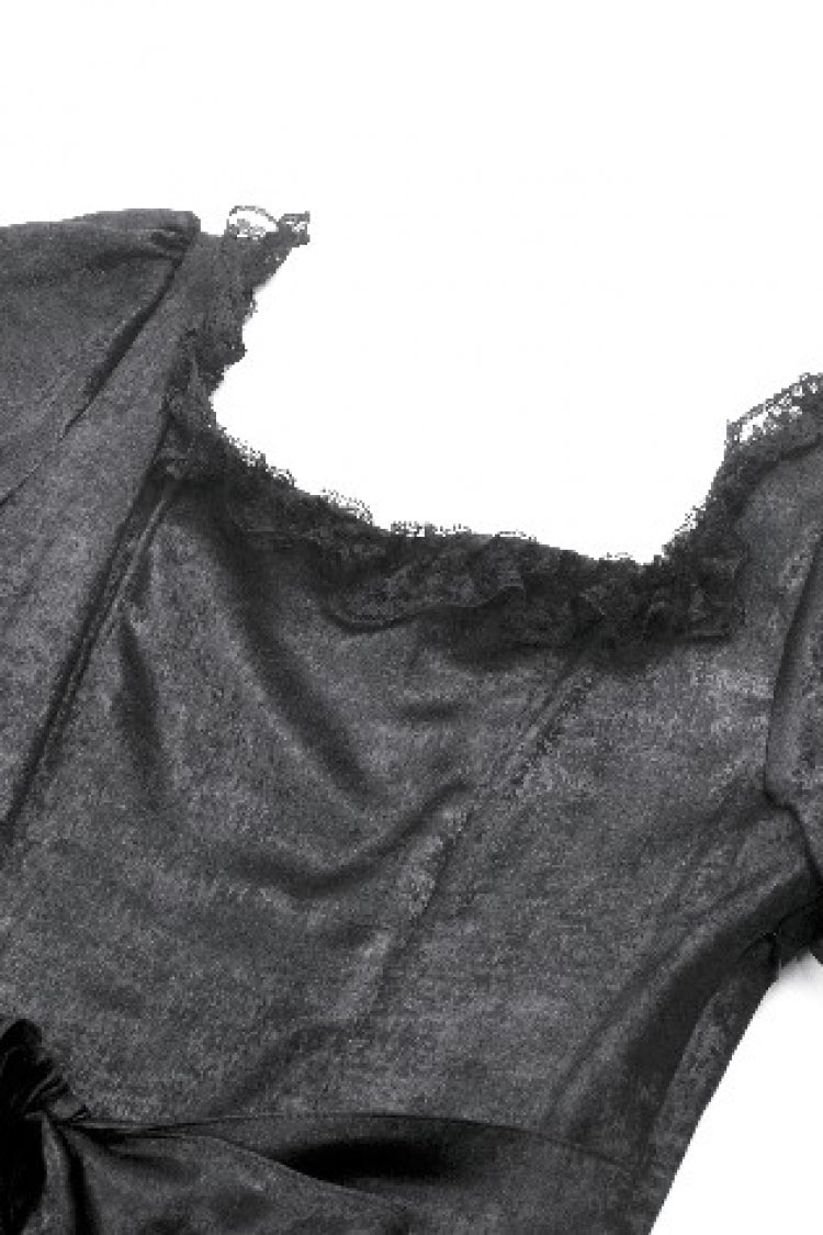 Black Lace Square Collar Short Puff Sleeves Lace-Up Ruched Women's Gothic Wedding Dress - Product - 14