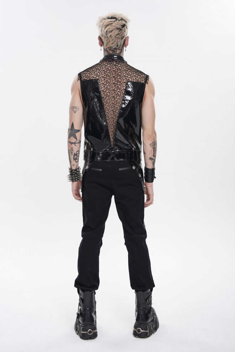 Black Stand Collar Sleeveless Spliced Mesh Studded Zippered Chain-Decorated Eyelet Men's Punk Vest - Product - 14