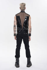 Black Stand Collar Sleeveless Spliced Mesh Studded Zippered Chain-Decorated Eyelet Men's Punk Vest - Product - 14