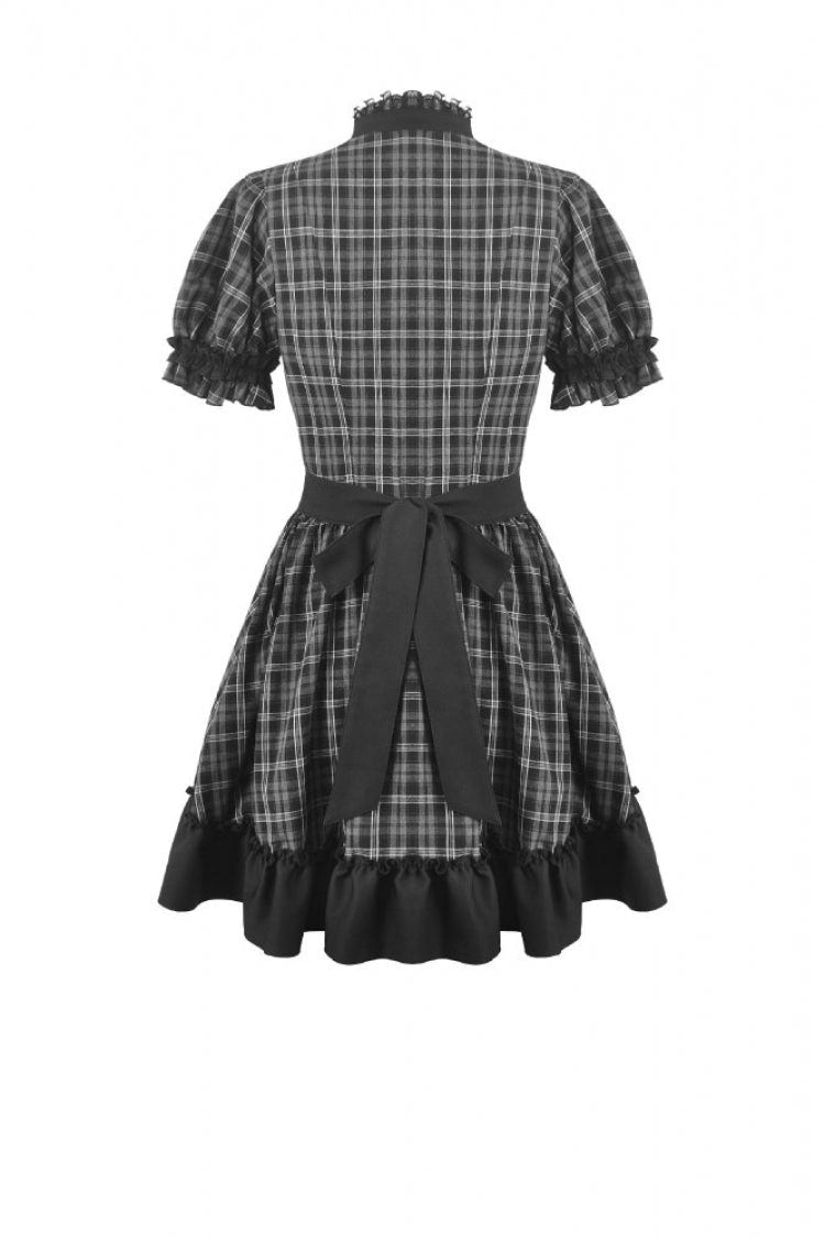 Black/White Plaid Stand Collar Short Puff Sleeves Ruffled  Lace Lace-Up Women's Lolita Gothic Dress - Product - 18
