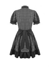 Black/White Plaid Stand Collar Short Puff Sleeves Ruffled  Lace Lace-Up Women's Lolita Gothic Dress - Product - 18