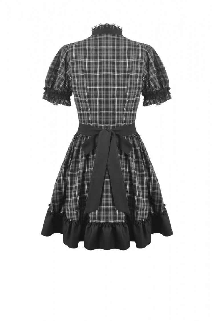 Black/White Plaid Stand Collar Short Puff Sleeves Ruffled  Lace Lace-Up Women's Lolita Gothic Dress - Product - 18