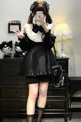 Black/White [Rose Princess] Off Shoulder Long Sleeves Ruffle Bowknot Gothic Jirai Kei Dress - Product - 4