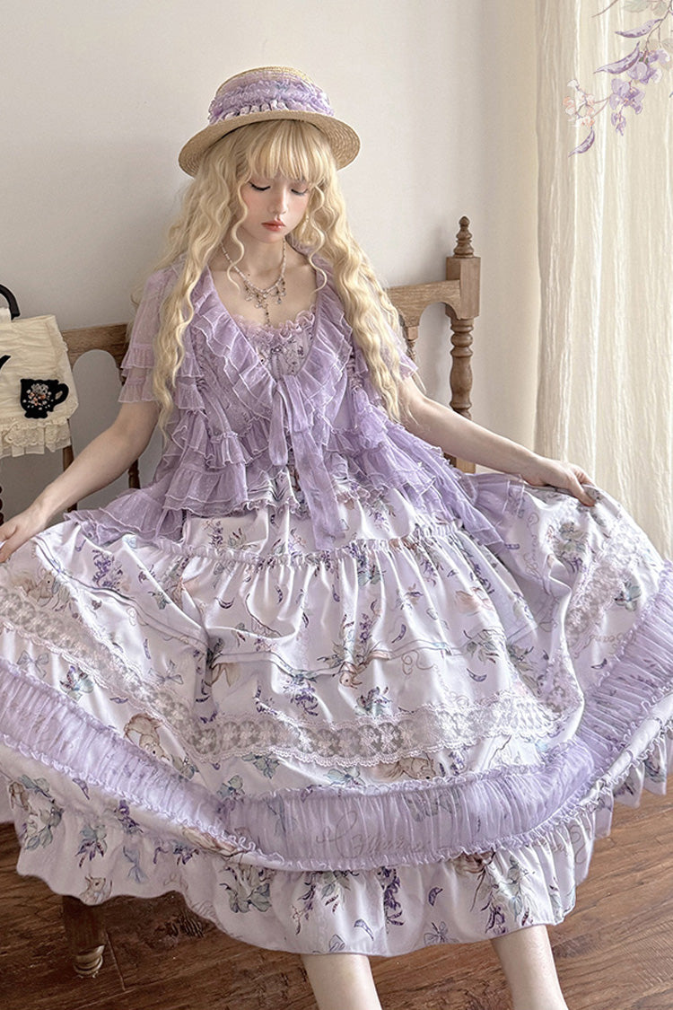 Purple [Pea Squirrel] Sleeveless Multi-Layered Pastoral Print Ruffle Embroidery Lace Sweet Elegant Lolita Jsk Dress - Product - 3