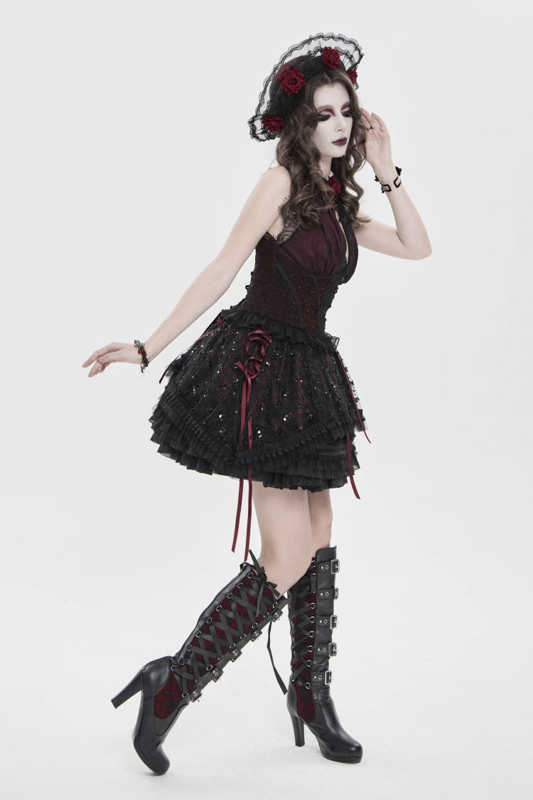 Black/Red Off Shoulder Double-Layered Embroidered Lace Lace-Up Slim Women's Gothic Vest - Product - 5
