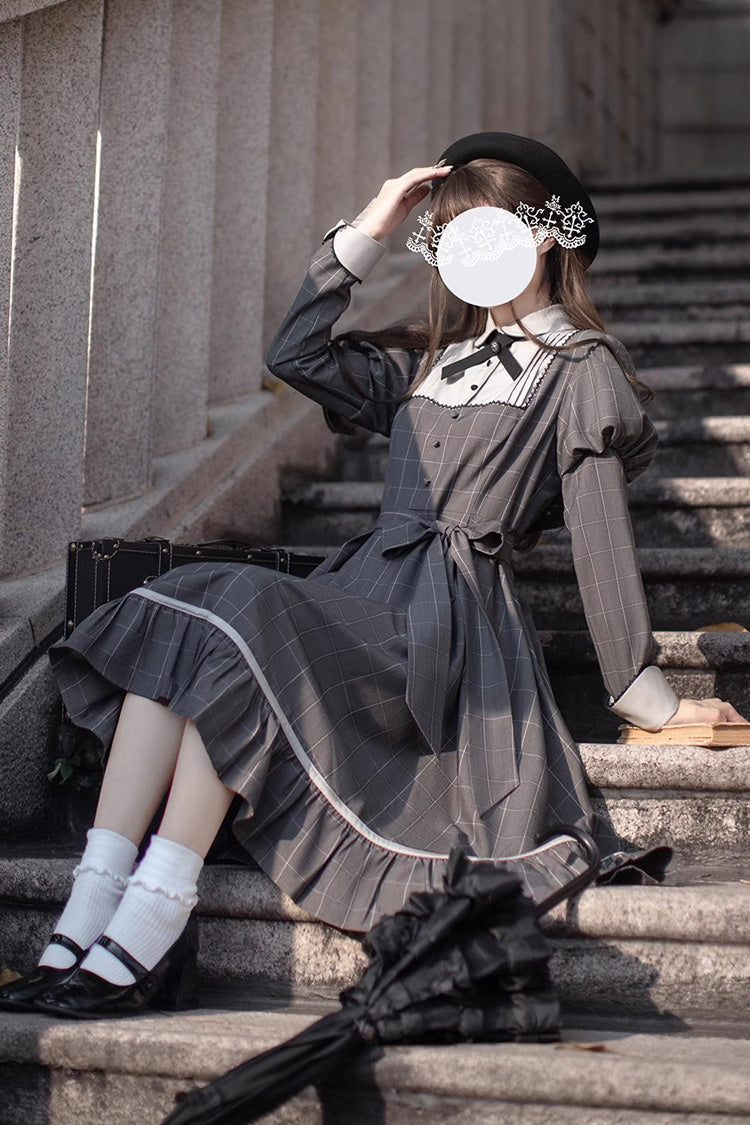 Grey Plaid Print Ruffle Bowknot Classic Vintage College Style Elegant Lolita Dress - Product - 8