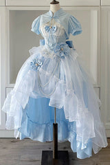 Blue/White Porcelain Printed Ruffled Bow Lace High-low Sweet Plus Size Lolita Jsk Dress(Long Version) - Product - 3