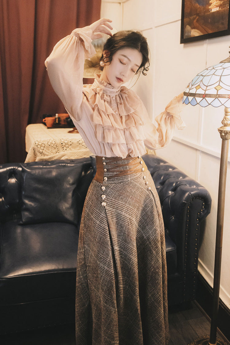 Pink/Brown Stand Collar Long Lantern Sleeves Ruffled Lace-Up Classic Vintage Lolita Skirt Set - Product - 8