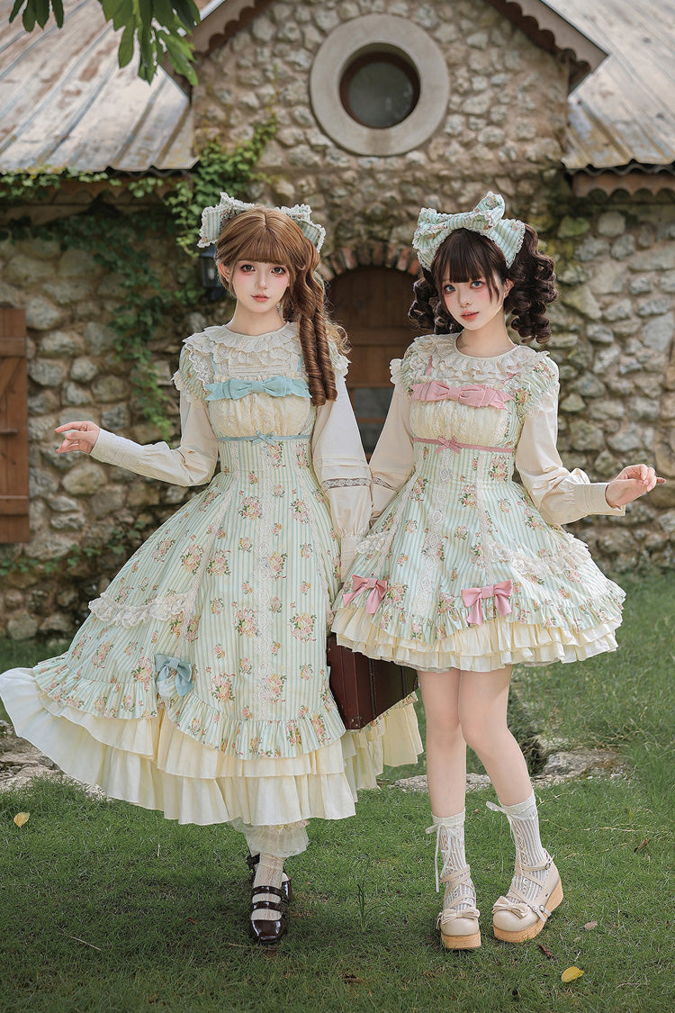 Green [An Encounter with Austin] Square Collar Short Sleeves Multi-Layered Rose Printed Ruffled Bow Lace Sweet Lolita Dress 2 Versions - Product - 8