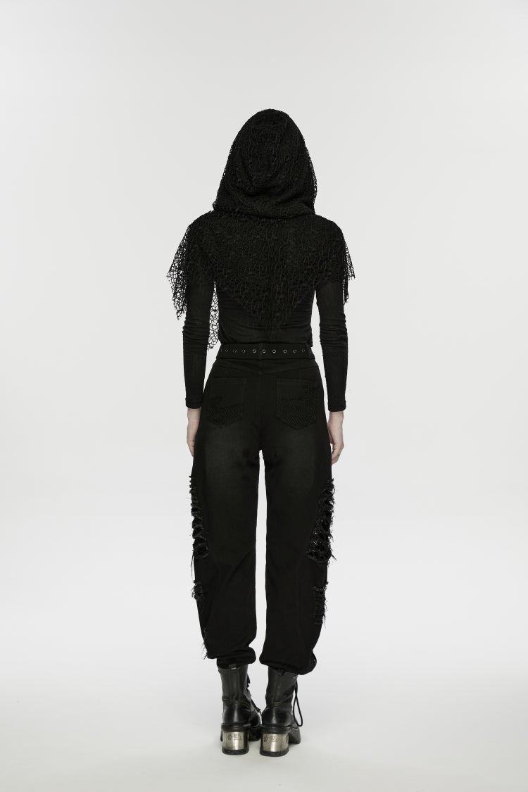 Black Ripped Zippered Eyelet Women's Punk Unedged Decadent Denim Pants - Product - 3