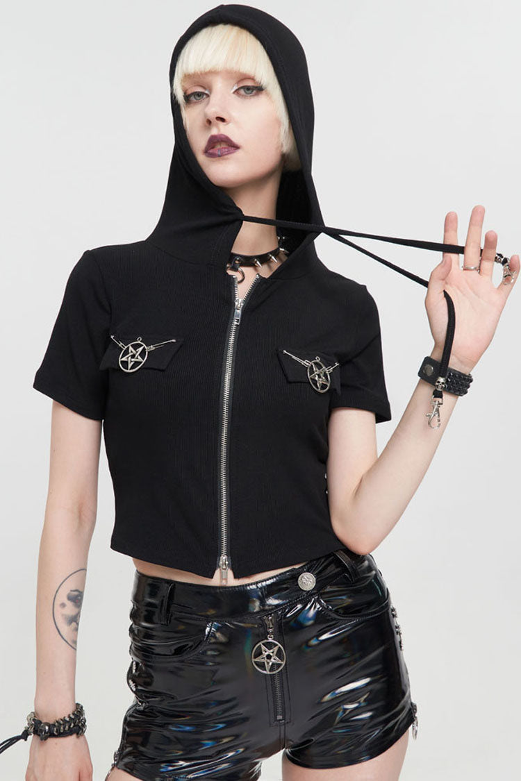 Black Punk Front Metal Zipper Pentagram On Both Sides Hooded Women's T-Shirt - Product - 3