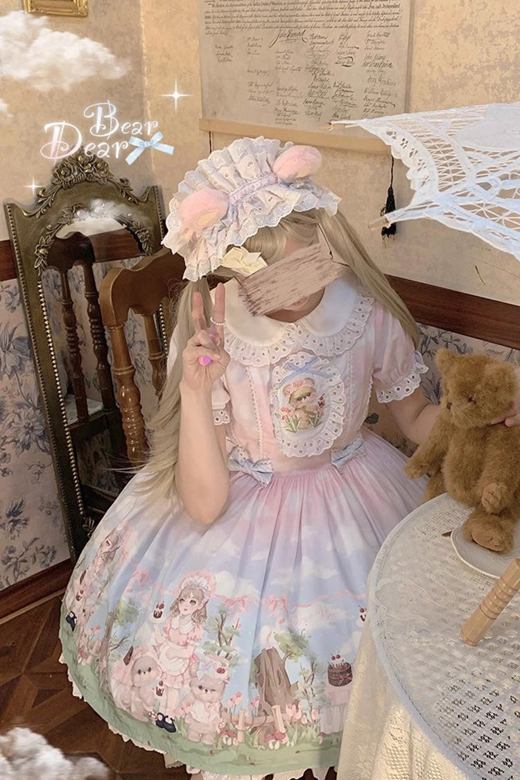 Multi-Color Neverland Manor Spring Bear Print Ruffle Bowknot Sweet Lolita Dress - Product - 5