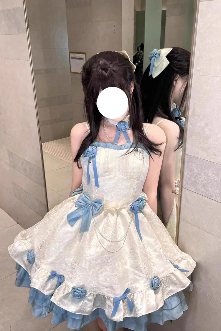 Apricot/Blue Print Ruffle Bowknot Sweet Princess Lolita Jsk Dress - Product - 6