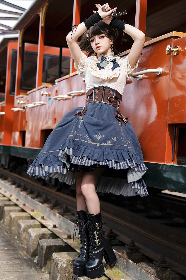 Blue Middle Ages Ruffle Embroidery Bowknot Classic Punk Vintage Lolita Skirt Full Set - Product - 10