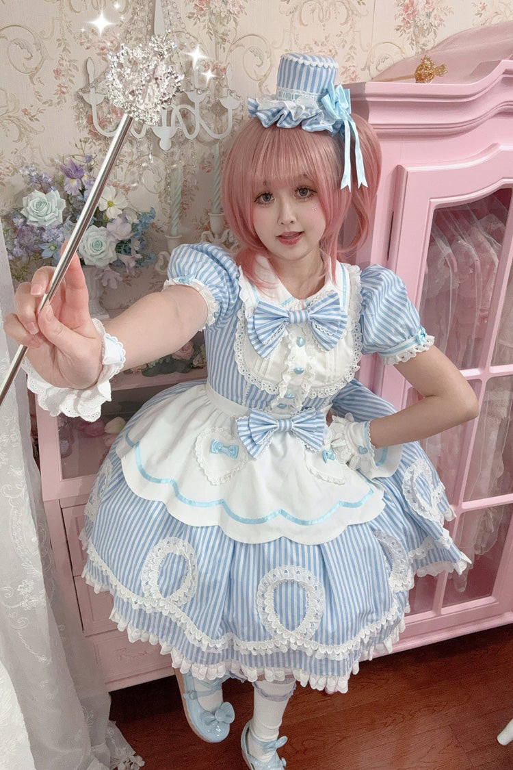 [A Day as a Candy Shop Owner] Peter Pan Collar Short Sleeves Printed Bow Sweet Lolita Dress 3 Colors (Red, Blue, Pink) - Product - 27