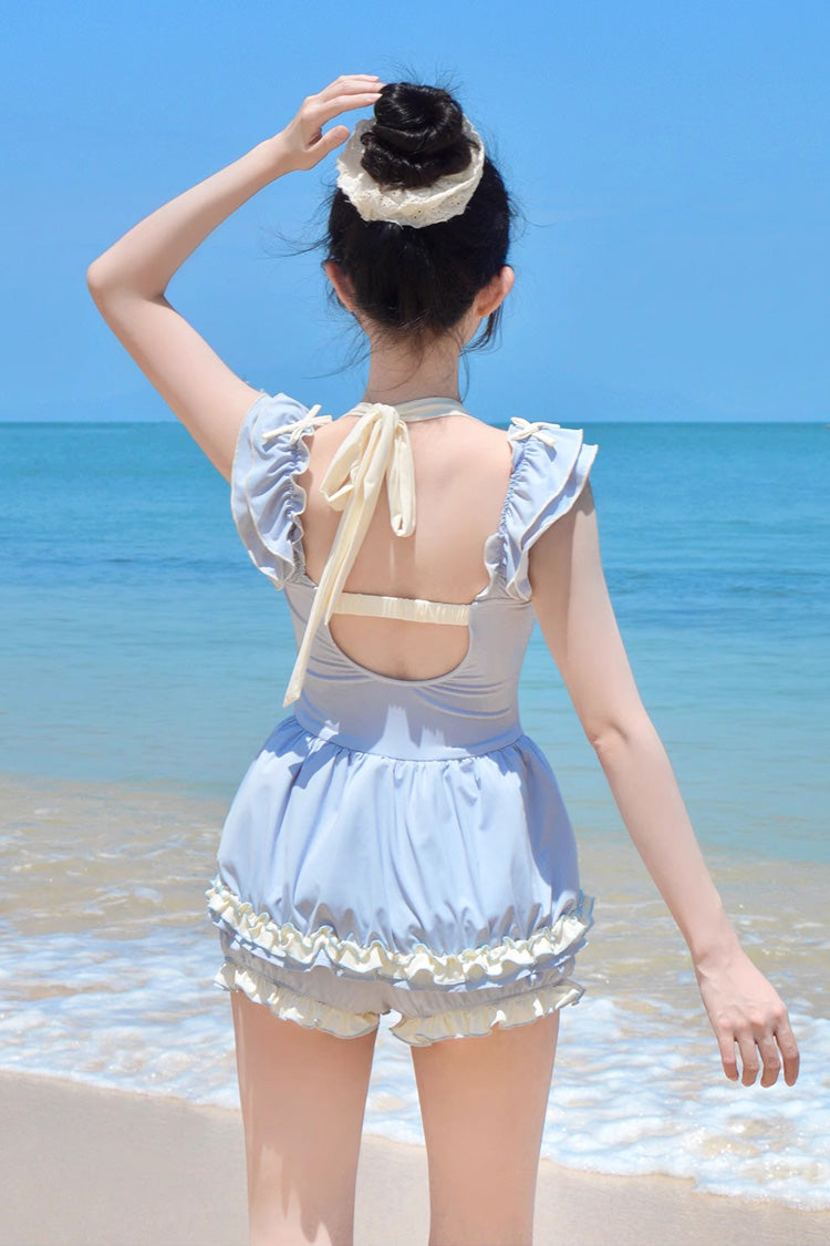 Blue Halterneck Ruffle Bowknot Sweet College Style Lolita One-piece Swimsuit - Product - 5
