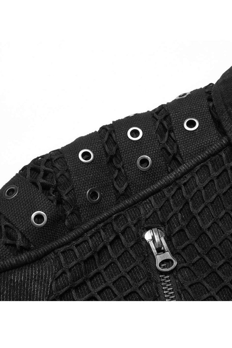 Black Punk Washed Aged Texture Rough Grain Splicing Mesh Metal Buttonholes Zipper Trim Long Sleeve Men's Coat - Product - 8